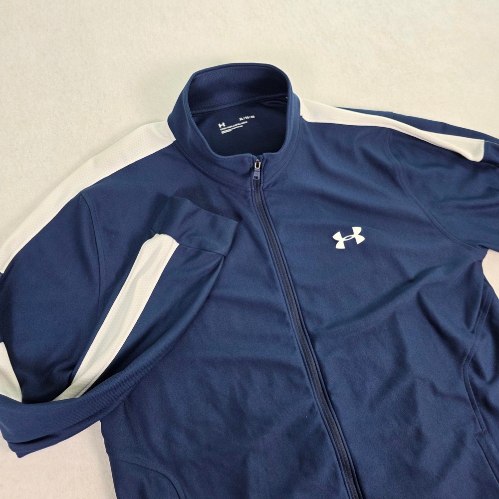 Under‎ Armour Mens XL Track Jacket Navy Blue White Full Zip Athletic Warmup